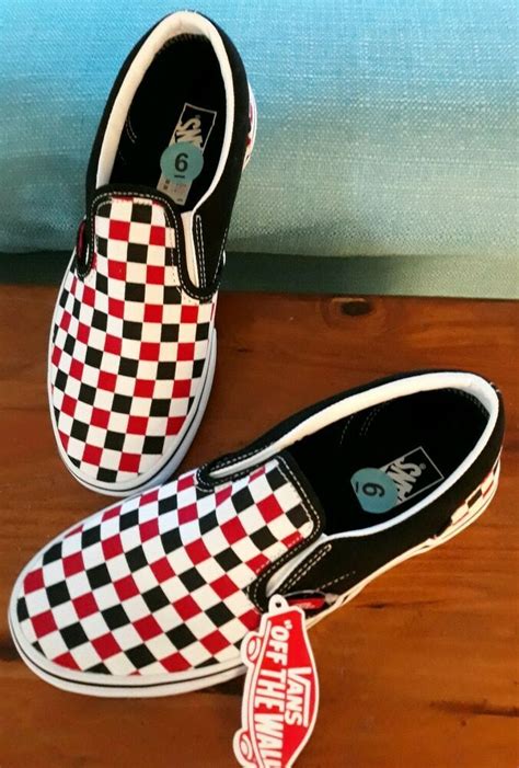 New Vans Checkered Slip Ons Skate Shoes Youth 6 Women 8 Black White Red ...