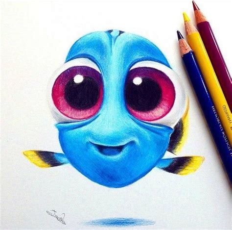 easy things to draw step by step, finding dory inspired, coloured pencils sketch, blue fish ...