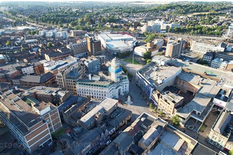 High Angle Drone's View of Luton City Center and Railway Station, Luton ...