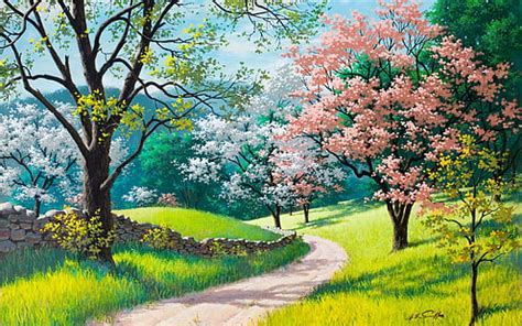 HD wallpaper: 1920x1200 px arthur blossoms fence grass painting path Sarnoff Saron Spring Trail ...