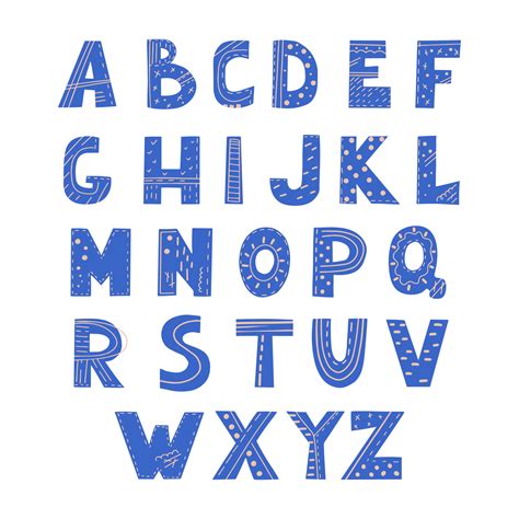 English alphabet in Scandinavian style. Stylish font with creative blue letters and abstract ...