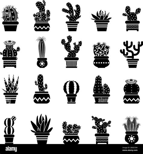 Vector silhouette of desert plants. Monochrome illustrations of decorative cactus in pots ...