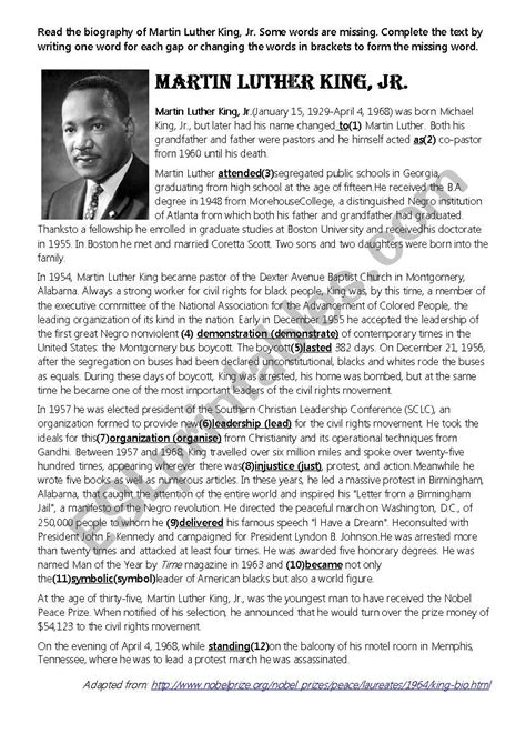 Martin Luther King - biography - ESL worksheet by buttercup7