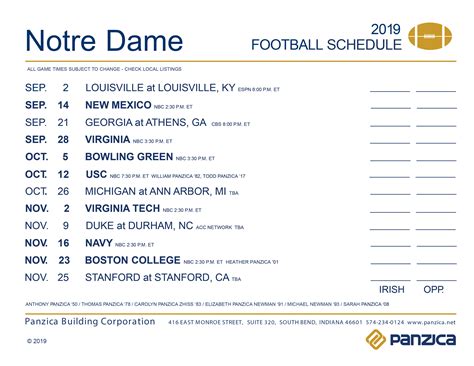 Notre Dame Football Printable Schedule