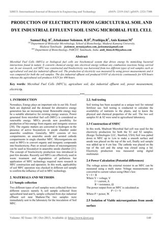 Production of electricity from agricultural soil and dye industrial effluent soil using ...