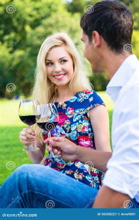 Couple Drinking Red Wine on Grass of Park Stock Image - Image of picnic ...