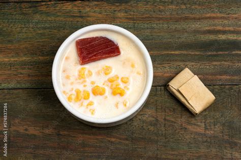 Typical Colombian food - Paisa corn mazamorra with sweet guava paste Stock Photo | Adobe Stock