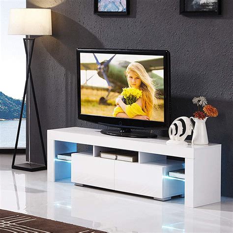 Modern TV Stand with LED Light Wood Television Stand Media Storage Console Cabinet with Drawer ...