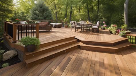 An Outdoor Deck With Wood Steps And Furniture Background, Decks Ideas Picture, Deck, Idea ...