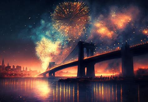 Premium AI Image | Fireworks over the bridge and the fireworks