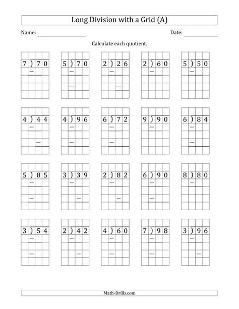 The 2-Digit by 1-Digit Long Division with Grid Assistance and Prompts and NO Remainders (A) Math ...