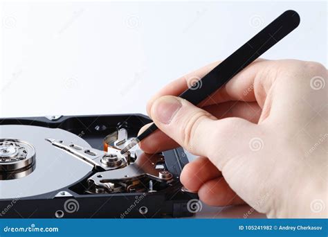 Closeup View of a Computer Hard Disc in Repair Prosess Stock Photo ...