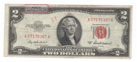 1953a Red Seal $2. 00 Thomas Jefferson Note, Two Dollar Bill A57175307a