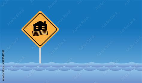 Flood area sign, natural disaster with house, heavy rain and storm ...