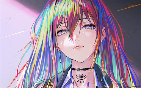 Artistic anime girl with rainbow colored hair 4K wallpaper download