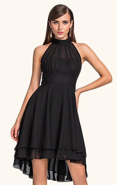 MACloth Halter High Low Chiffon Cocktail Dress Black Wedding Party For