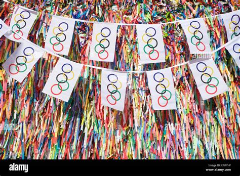 SALVADOR, BRAZIL - MARCH 11, 2015: Olympic flag bunting hangs in front ...