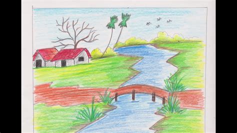 Best landscape village scenery drawing !! slow tutorial !! village scenery step by step !! - YouTube