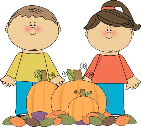 Kids with Fall Pumpkins Clip Art - Kids with Fall Pumpkins Image