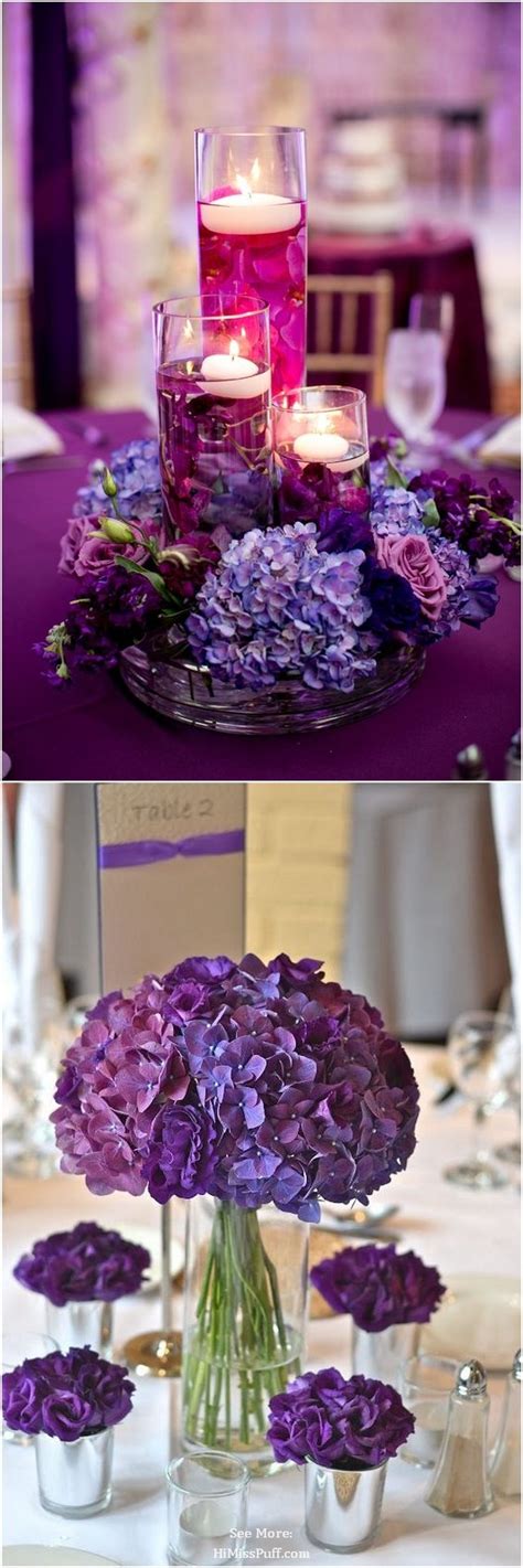 purple flowers and candles are arranged in vases