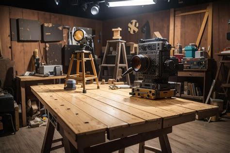 Premium AI Image | A wooden board in a film studio with movie props and ...