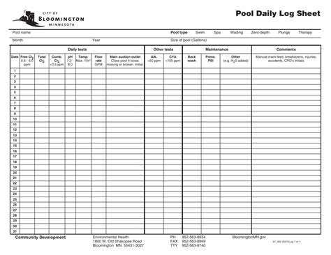 City of Bloomington, Minnesota Pool Daily Log Sheet - Fill Out, Sign ...