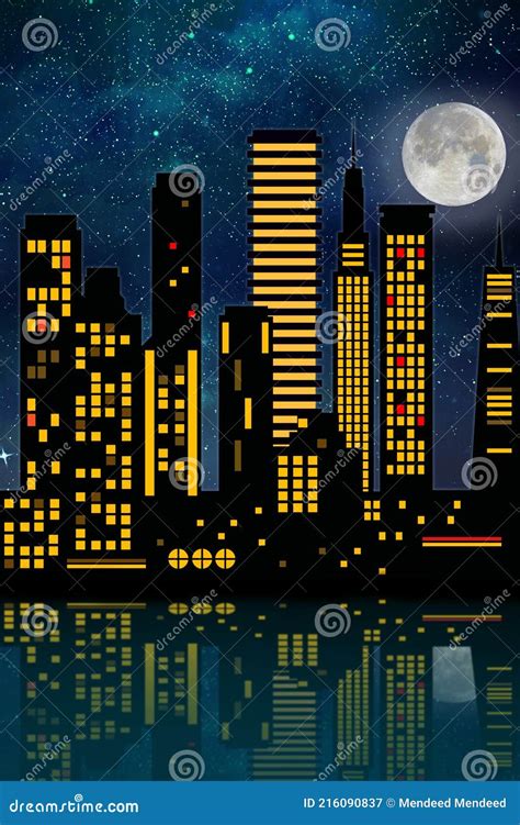 2d drawing of a night city stock illustration. Illustration of evening ...