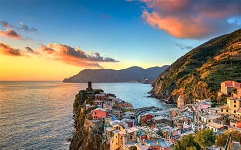 Download wallpapers Ligurian Sea, sunset, Vernazza, coast, Cinque Terre ...