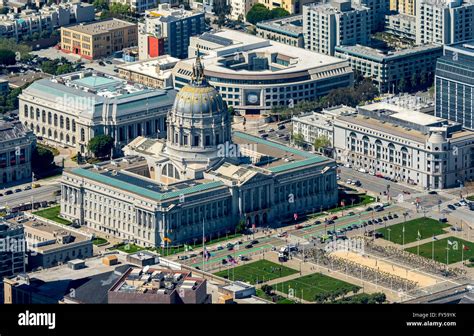 Aerial view, City Hall, Civic Center Plaza, Veterans Building, War Memorial Opera House, San ...