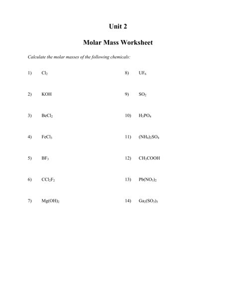 Worksheets for Unit 2 molar mass to stoichiometry