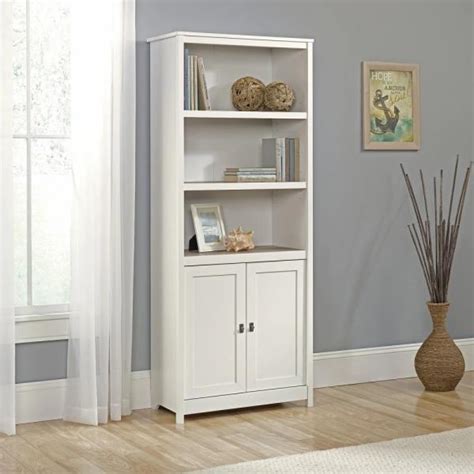 White Wooden 5 Shelf Bookcase w/ Doors Library Bookshelf Hidden Storage ...