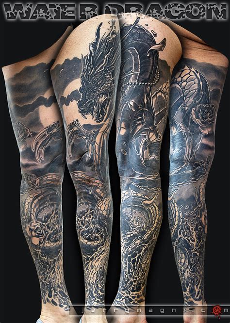 WATER DRAGON - full leg sleeve black and grey tattoo - Jerry Magni