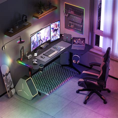 Extra Large LED RGB Gaming Desk Height Adjustable Gamer Home Office ...