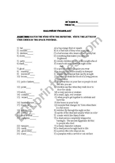 Spooky Halloween Vocabulary - ESL worksheet by nmurray1431