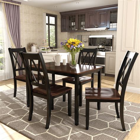 Kitchen Table and 4 Chairs Set, Wood Dinette Set Solid Acacia Wood ...