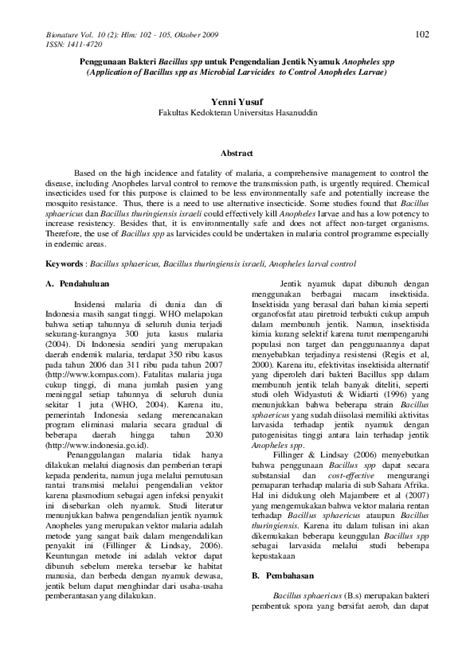 (PDF) Penggunaan Bakteri Bacillus spp untuk Pengendalian Jentik Nyamuk Anopheles spp | Yenni ...