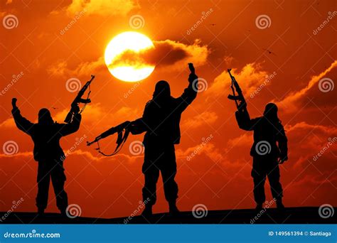 Silhouette of Military Soldier or Officer with Weapons at Sunset. Stock Photo - Image of brave ...