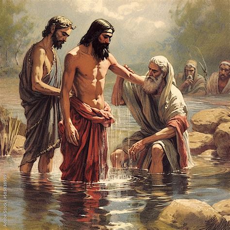 John the Baptist baptize Jesus Christ in the Jordan river in Israel, christian belief and ...