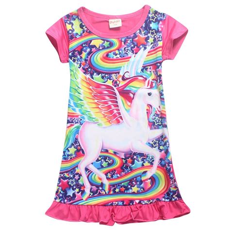 2Bunnies Girls Unicorn Star Rainbow Print Nightgown Nightie Princess Night Dresses，Short Sleeve ...