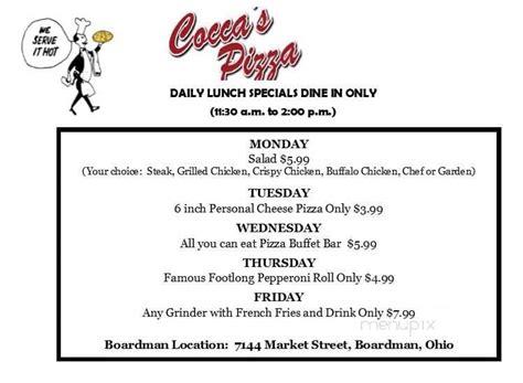 Menu of Cocca's Pizza in Boardman, OH 44512