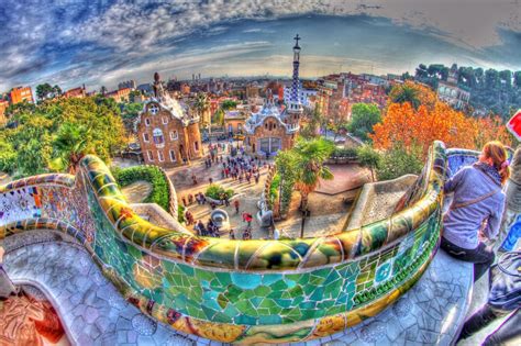 Park Guell entrance wide angle view from inside colored | Park güell, Hdr photography, Barcelona