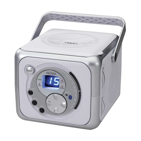 Jensen CD-555 White/Silver CD Bluetooth Boombox Portable Bluetooth Music System with CD Player ...