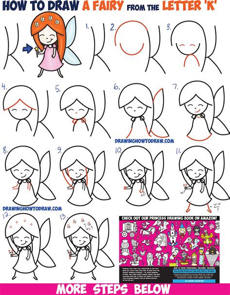 How to Draw a Cute Cartoon Fairy (Kawaii Chibi) from Letter 'K' Easy Step by Step Drawing ...