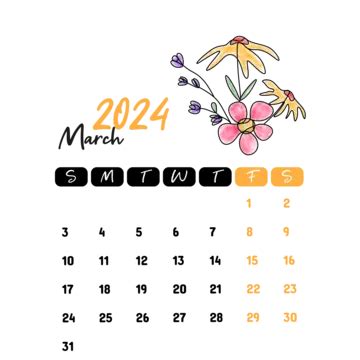 Calendário Mensal Floral De Março De 2024 Vetor PNG , Calendário Floral De Março, Março De 2024 ...