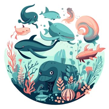 Ocean Animals Vector, Sticker Clipart Cartoon Fishes And Animals In A Circle, Sticker, Clipart ...