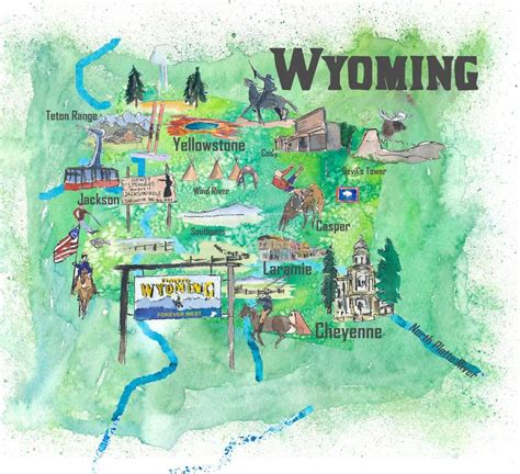 USA Wyoming State Travel Poster Illustrated Art Map Collage by M Bleichner | Saatchi Art