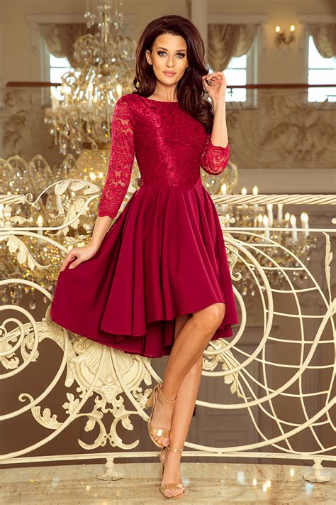 231-1 OLIVIA - asymmetrical dress with lace - burgundy color - Numoco EN