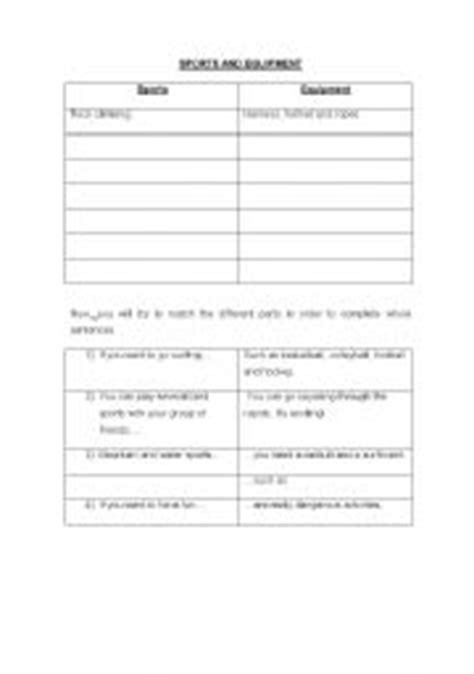 Sports equipment worksheets