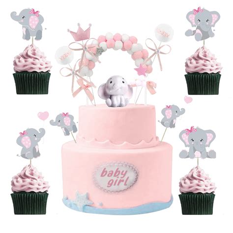 54 Pieces Elephant Cake Topper Pink Baby Elephant Baby Shower Decorations for Girl Elephant Baby ...