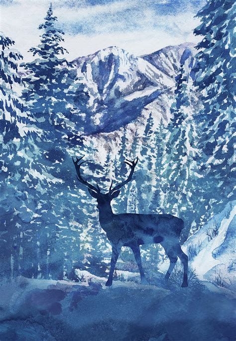 Winter Deer Buck Watercolor Pine Trees Forest Landscape Painting by ...